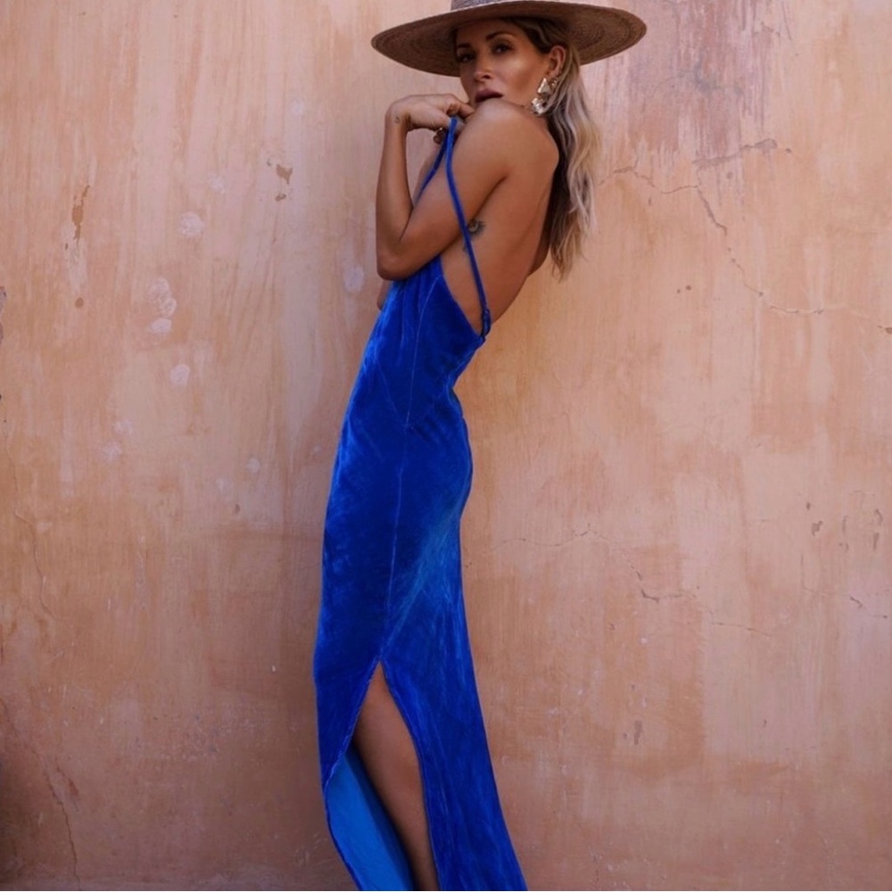 NWT Rat & Boa Sahara Dress, Blue Velvet Slip Maxi Dress with Side Slit, Size S